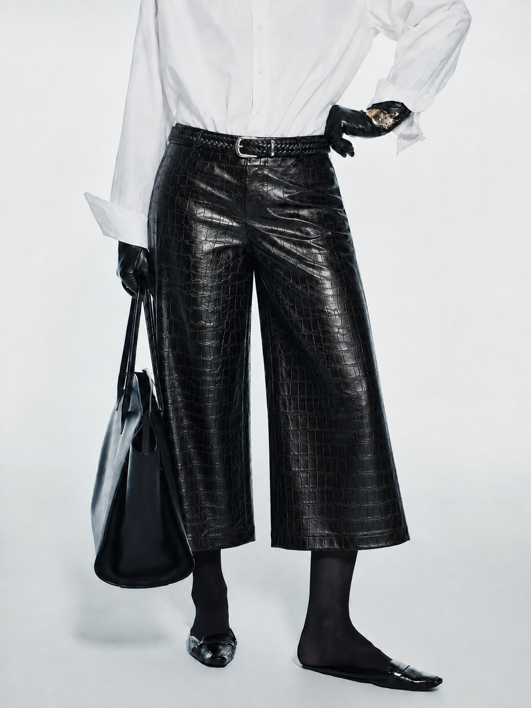 Croc-Embossed Faux Leather Culotte Pants