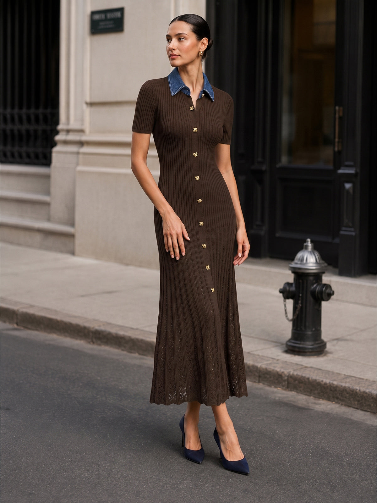 Denim Collar Ribbed Knit Maxi Dress