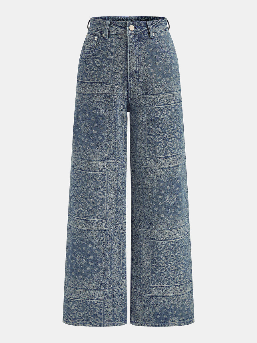 Bandana Pattern Denim Straight Pants