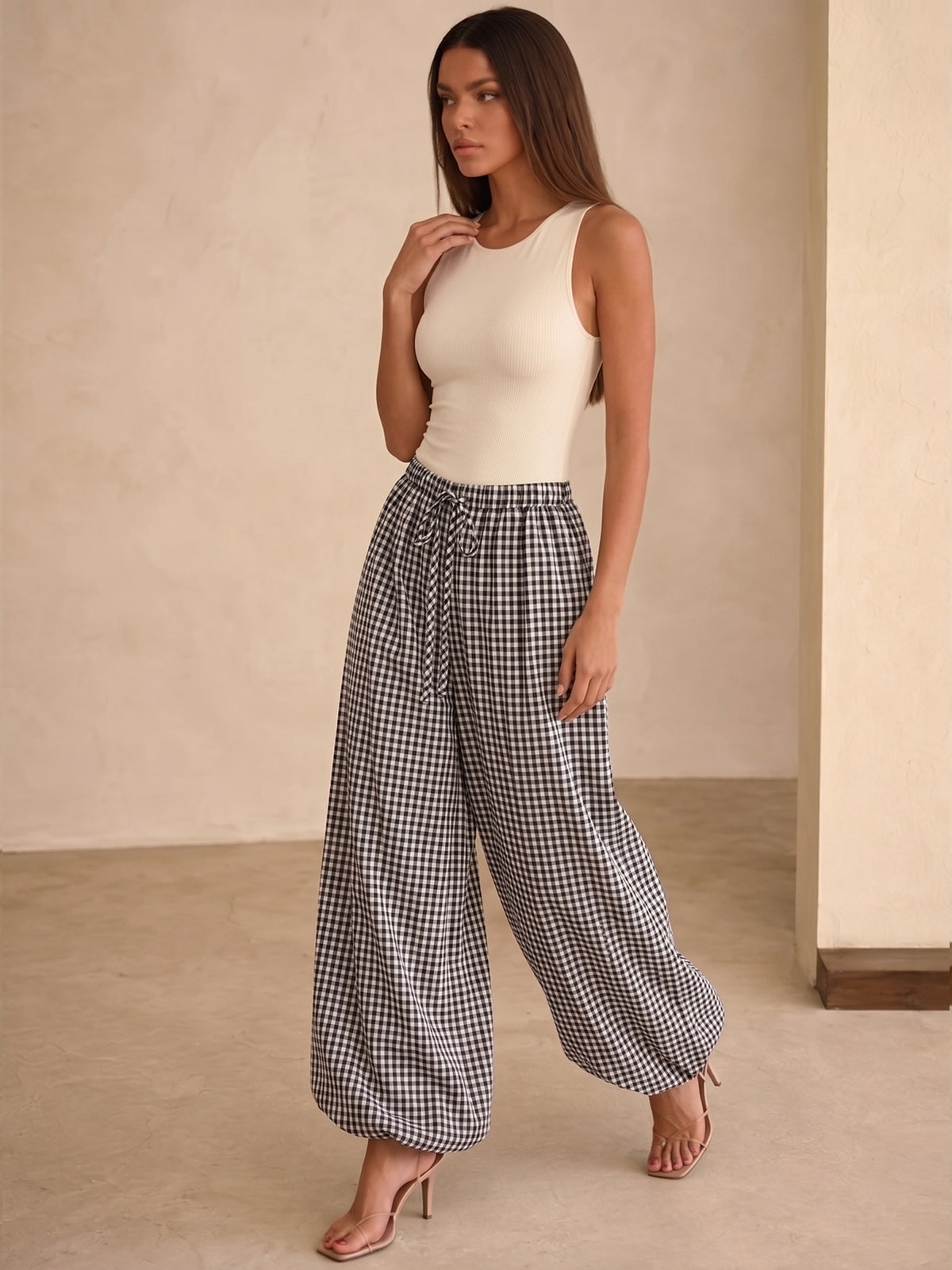 Drawstring Plaid Loose Balloon Pants
