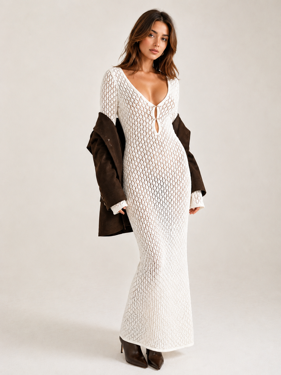 Cover Up Long Sleeve Open Back Long Dress