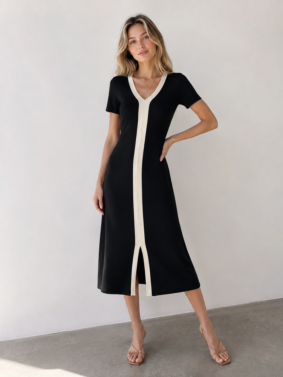 Two Tone V-Neck Knit Slit Midi Dress