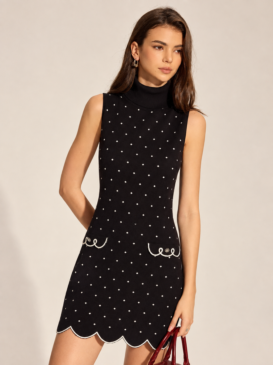 Polka Dot Scalloped Hem Knit Mini Dress