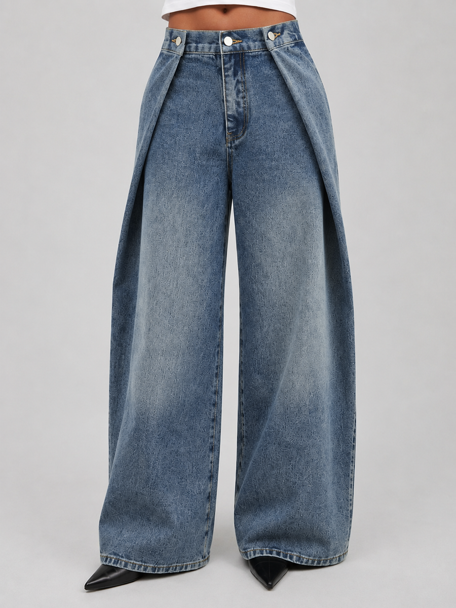 Tab‑Detail Layered Wide‑Leg Denim Pants