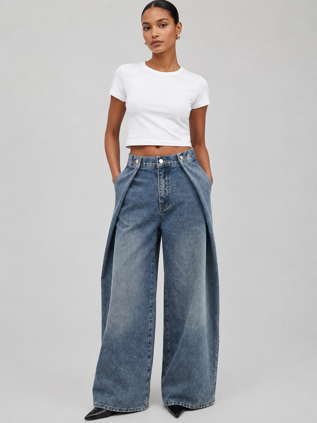 Tab‑Detail Layered Wide‑Leg Denim Pants