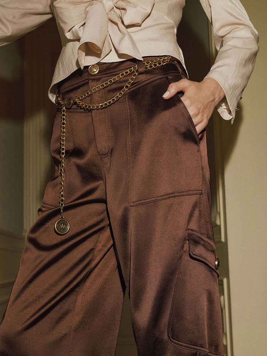 Satin Multi‑Pocket Cargo Pants