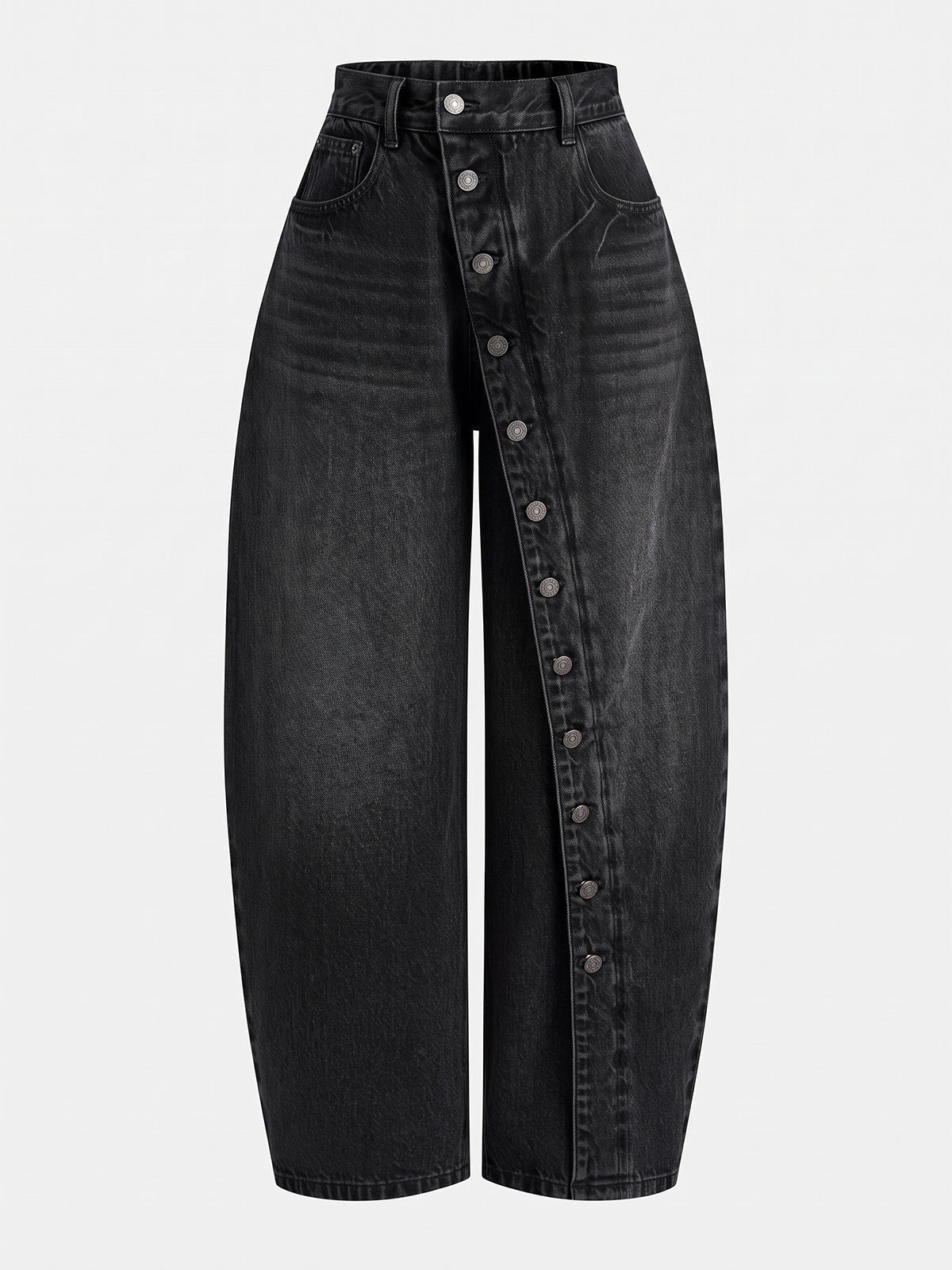Diagonal Button High Waist Barrel Jeans