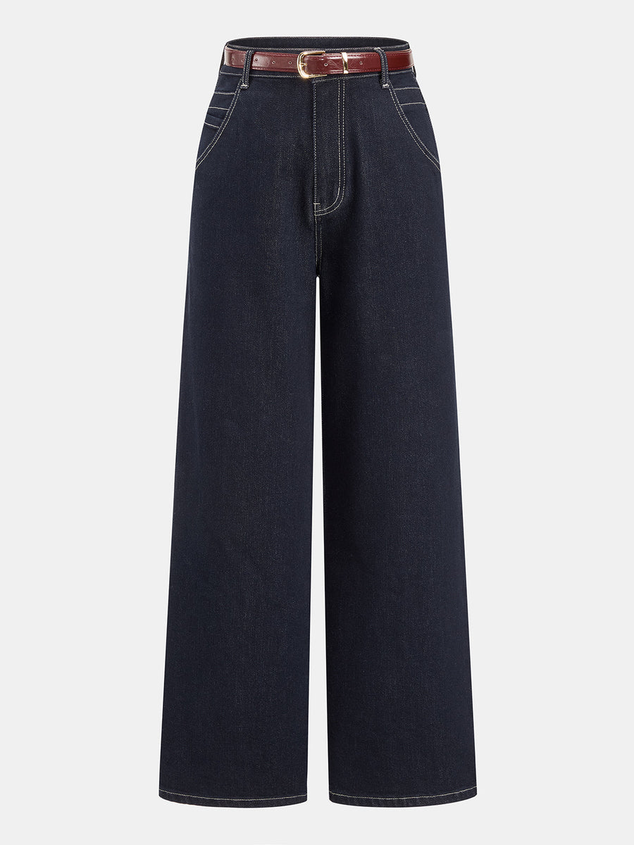 Dark Wash Belted Wide‑Leg Jeans