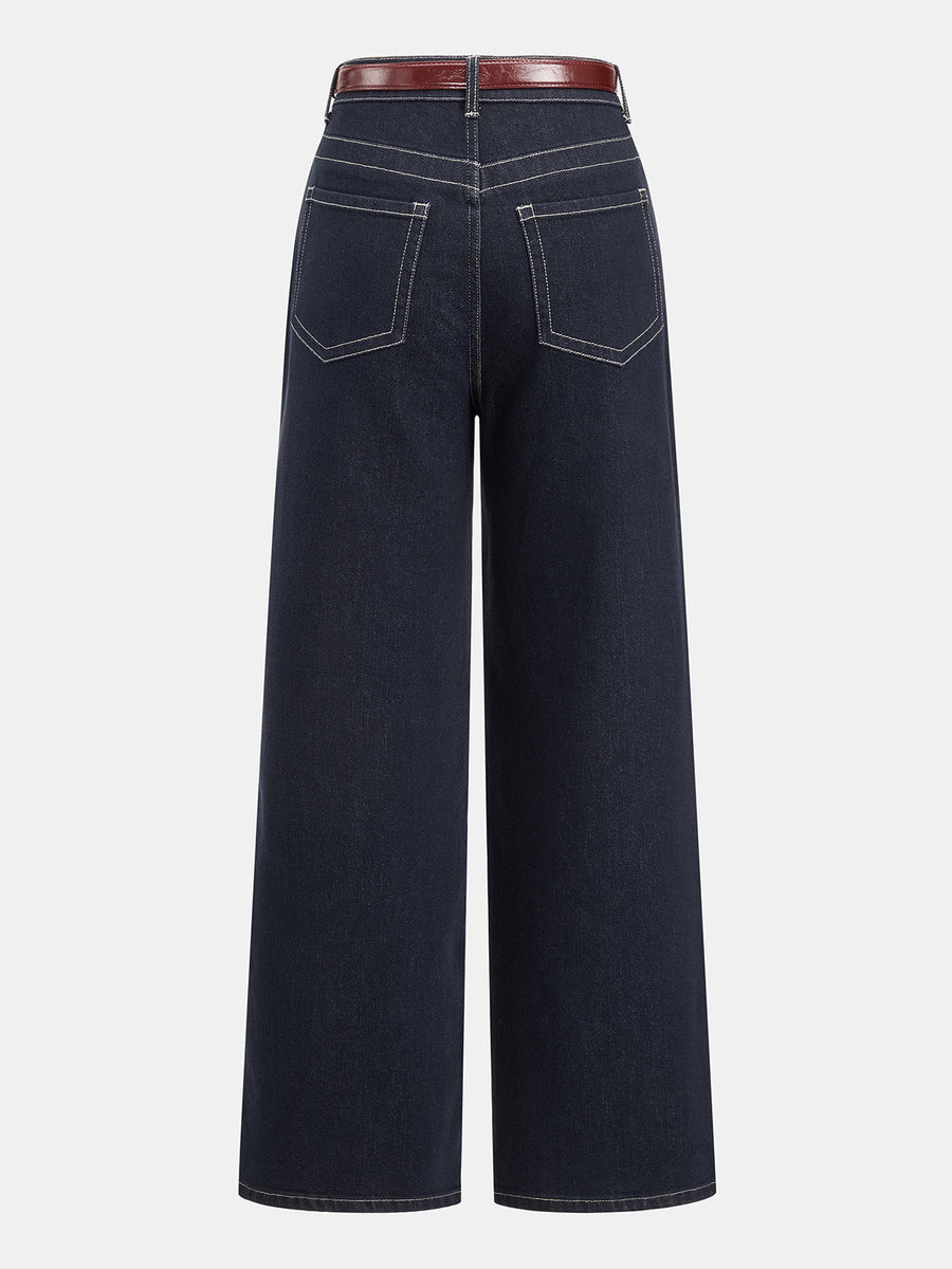 Dark Wash Belted Wide‑Leg Jeans