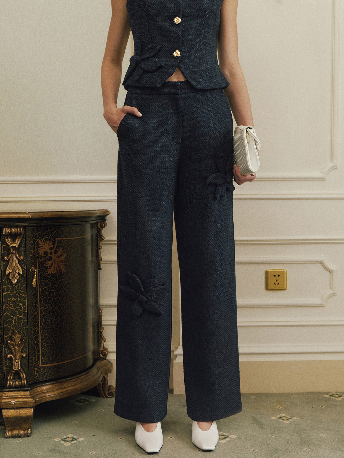 3D Floral Appliqué Tweed Pants