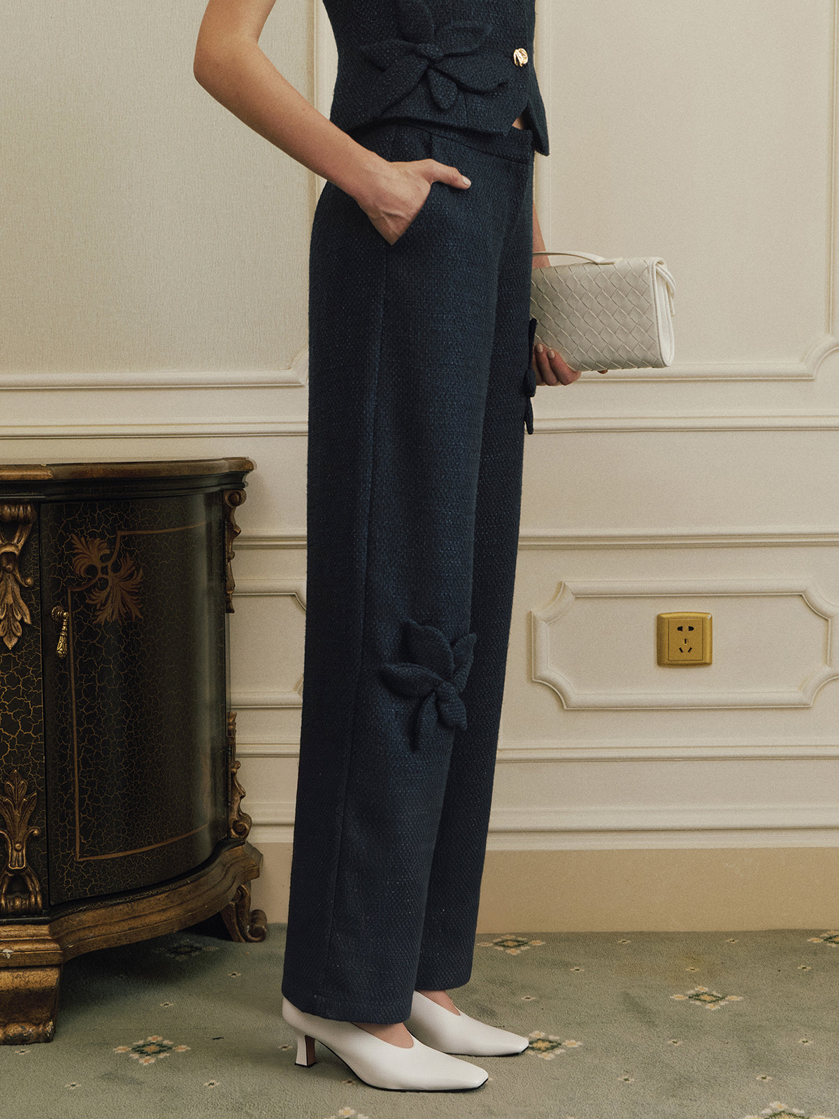 3D Floral Appliqué Tweed Pants