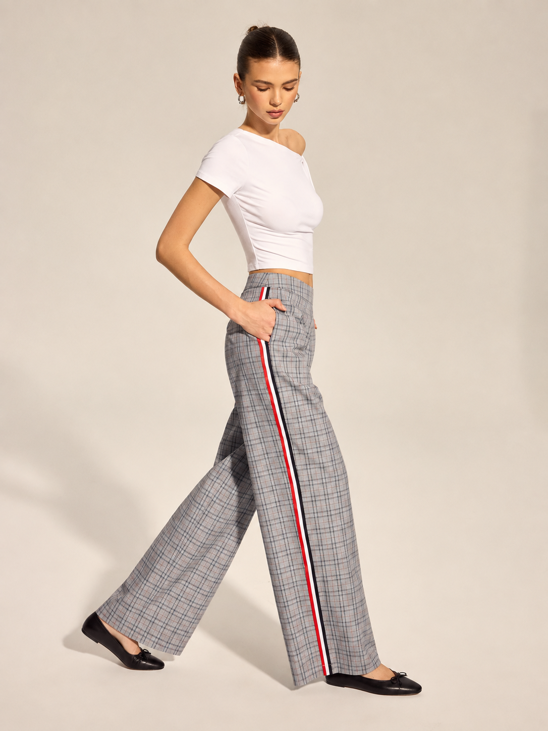 Plaid Side Stripe Straight Leg Pants