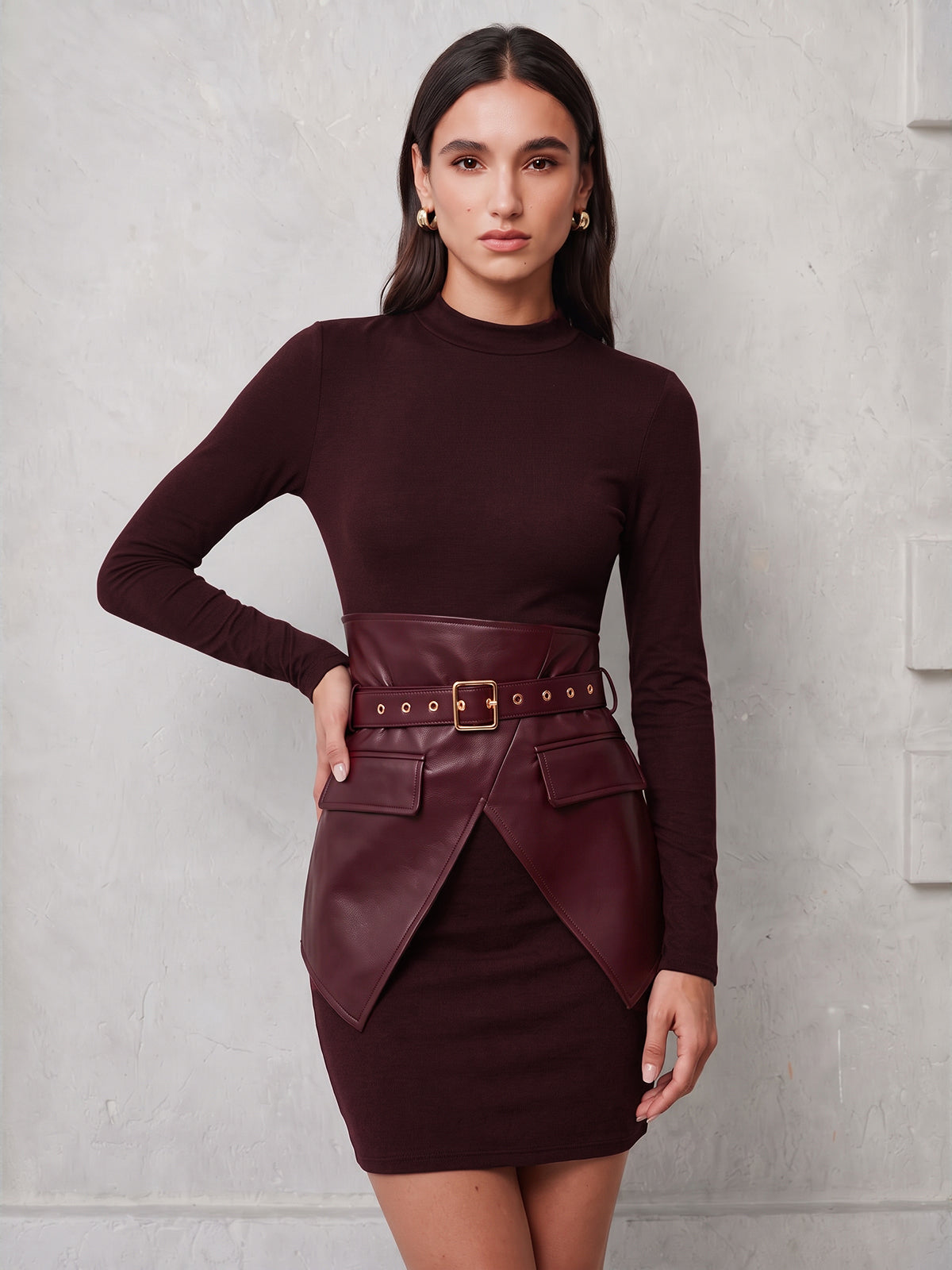 Faux‑Leather Corset Overlay Knit Dress
