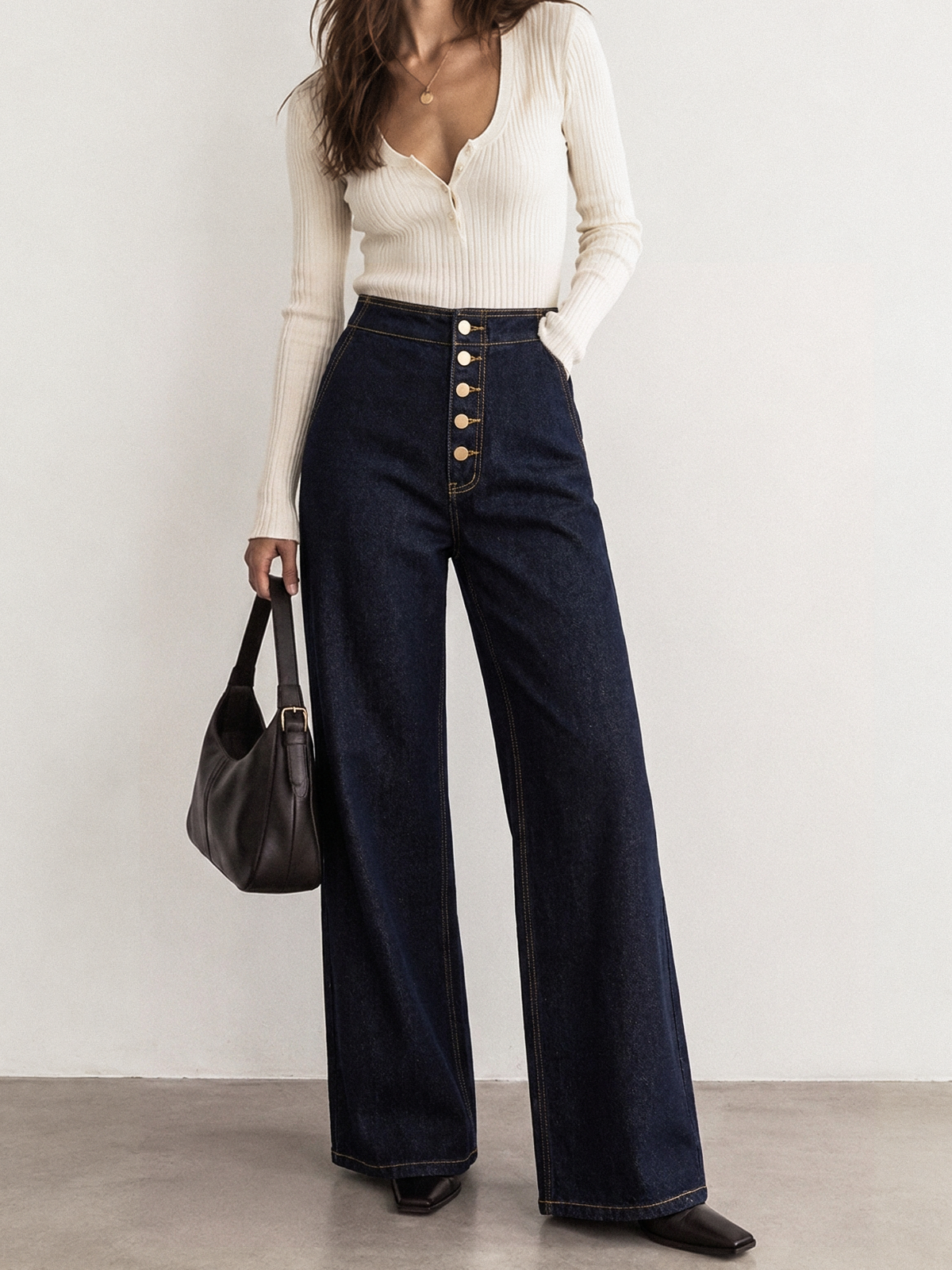 Back Buckle Metal Button Wide‑Leg Jeans