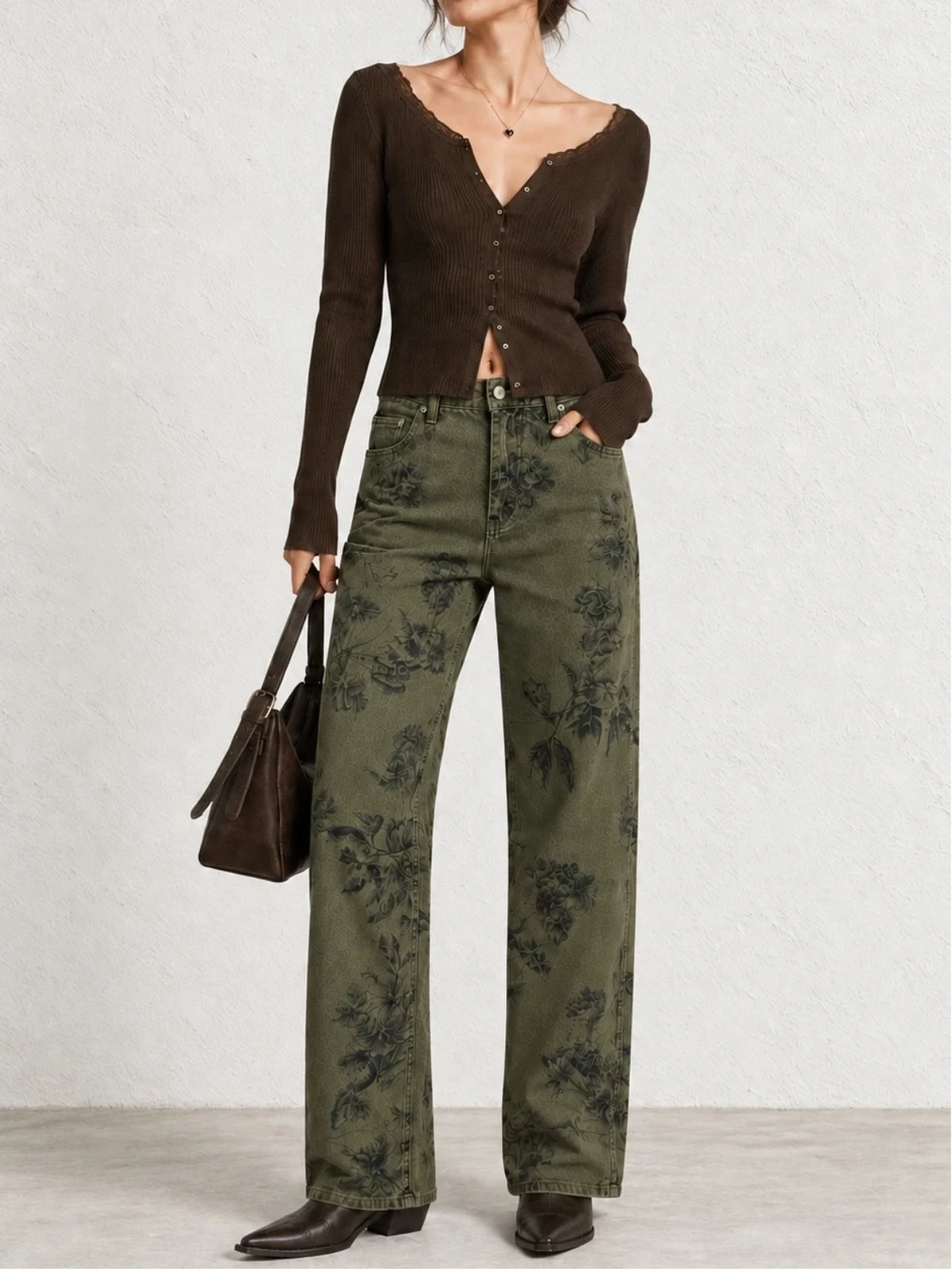 Vintage Floral Straight Denim Pants