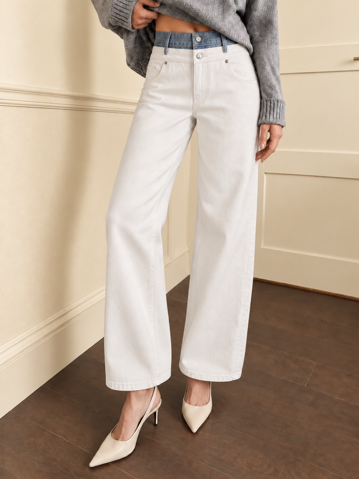 Layered Denim Waistband Wide Leg Jeans