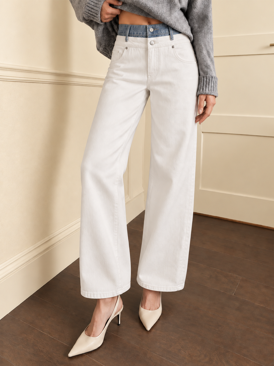 Layered Denim Waistband Wide Leg Jeans