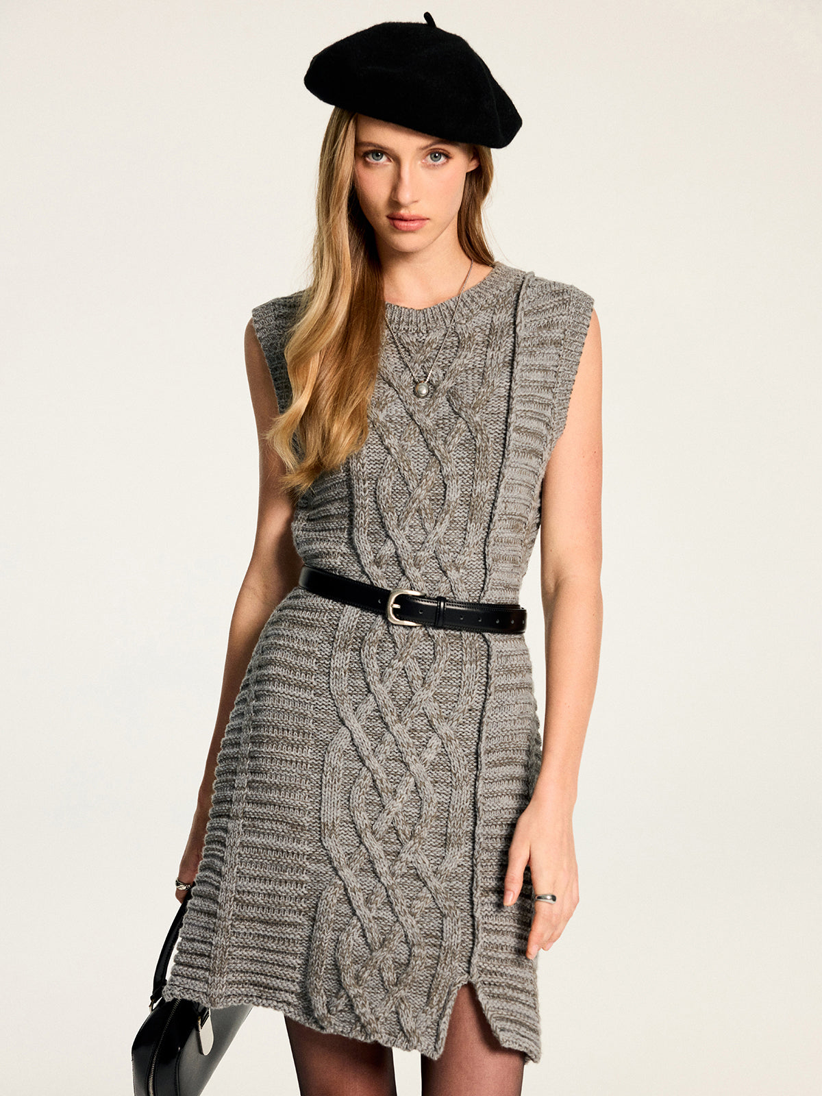 Wool Blend Sleeveless Cable Knit Dress