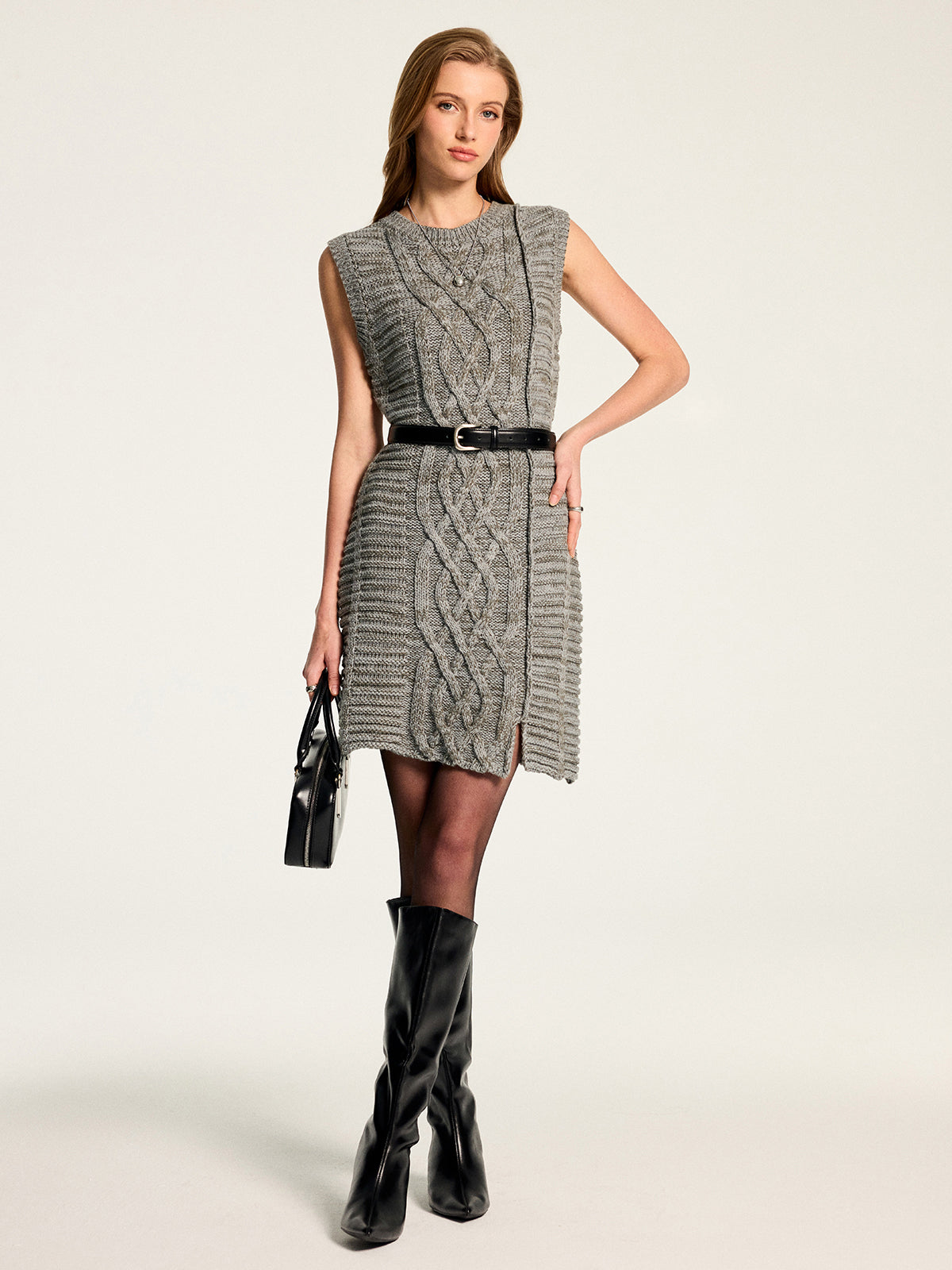 Wool Blend Sleeveless Cable Knit Dress