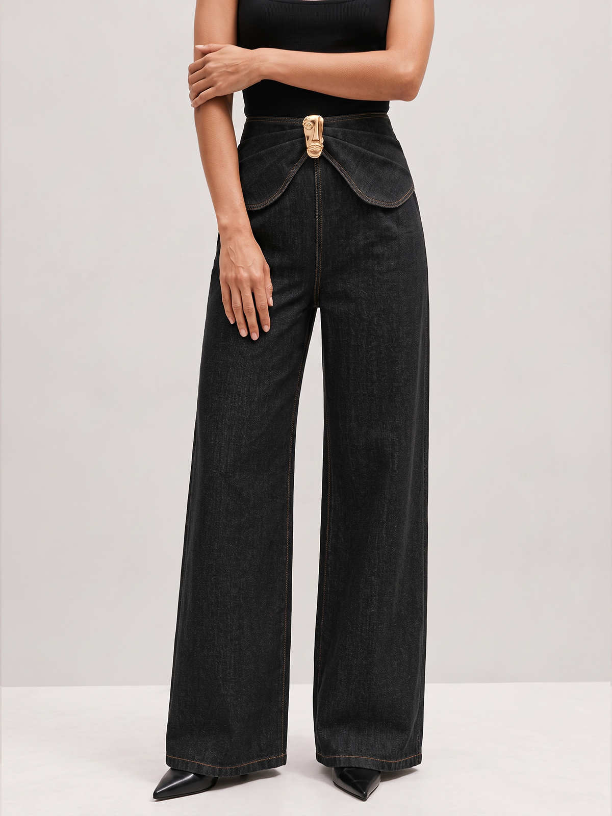 Decorative Buckle Twist Waist Straight Leg Jeans