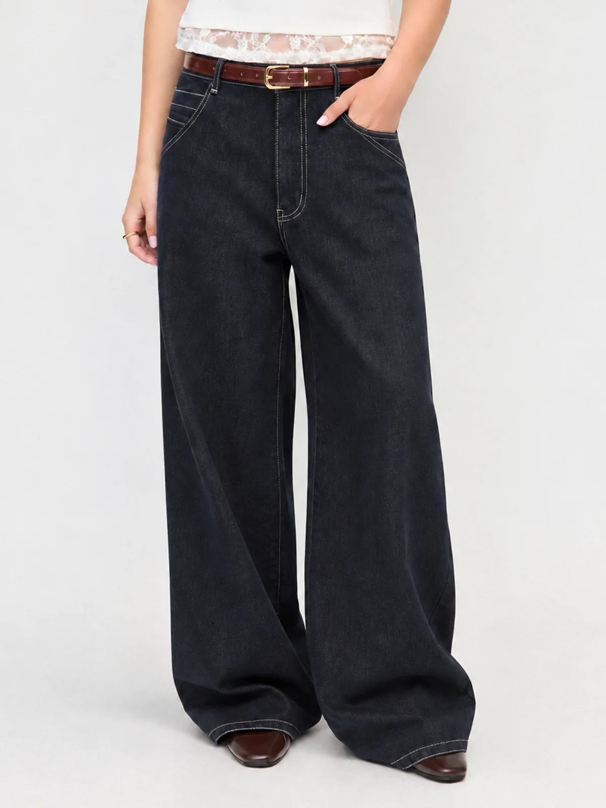 Dark Wash Belted Wide‑Leg Jeans