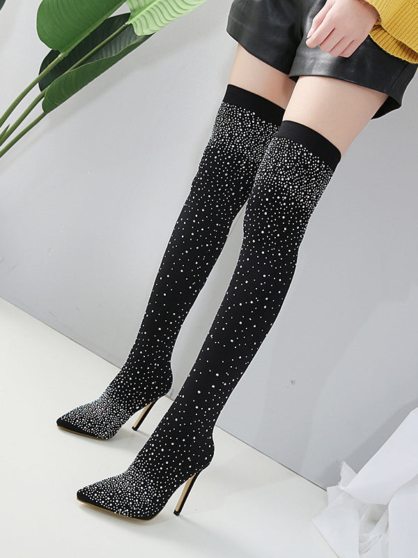 Sparkling Rhinestone-studded Over-the-knee Elastic Sock Boots