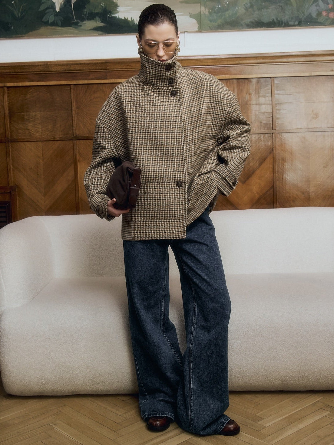Ava Funnel Neck Houndstooth Short Jacket