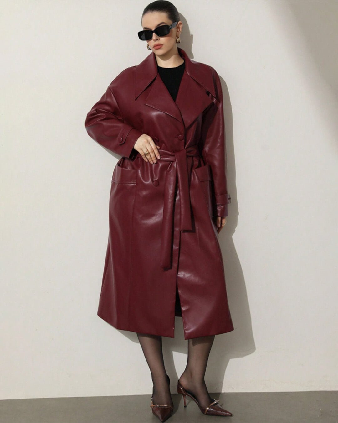 Cassy Faux Leather Maxi Trench Coat