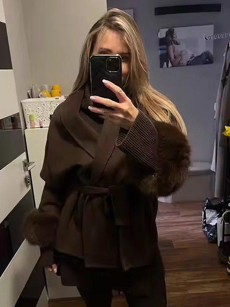 Wool Wrap Coat with Fox Fur Cuff