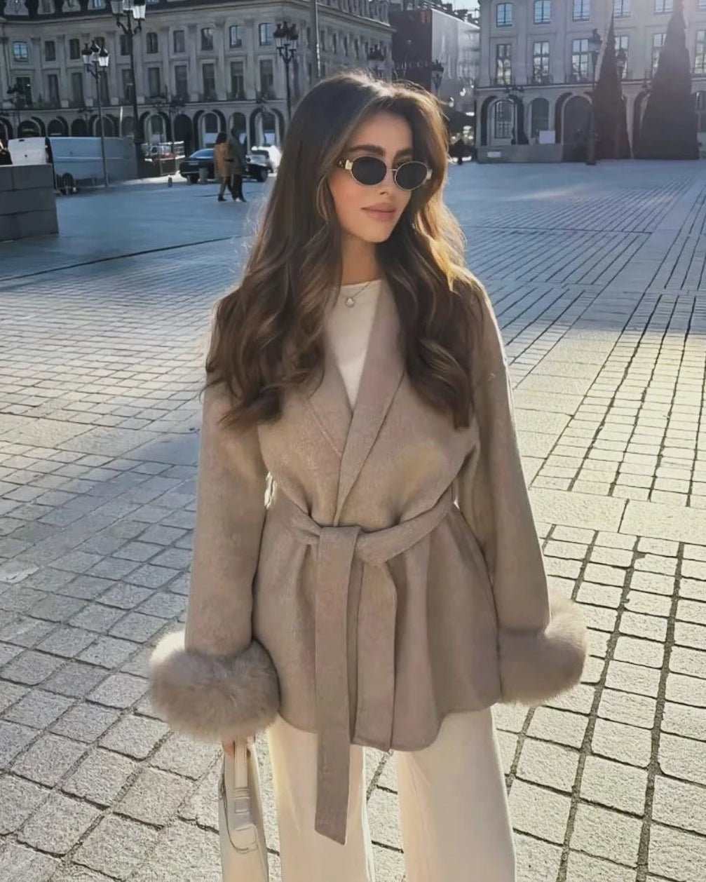 Wool Wrap Coat with Fox Fur Cuff