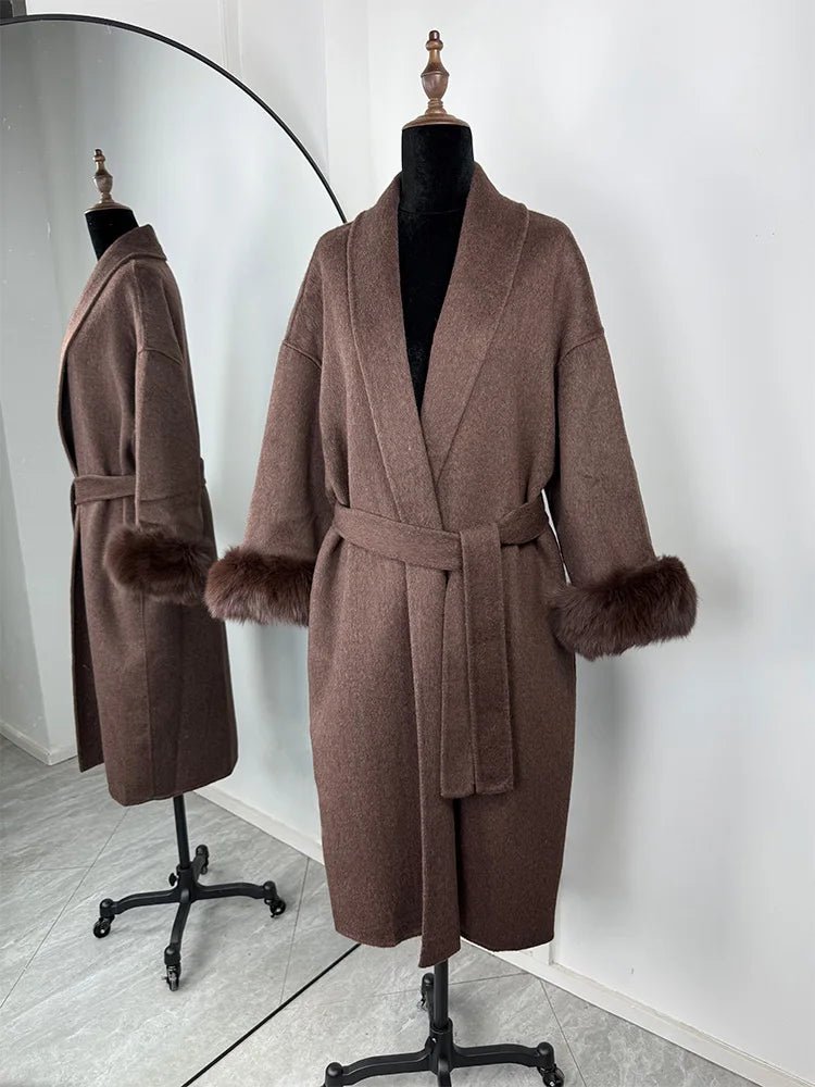 Wool Wrap Coat with Fox Fur Cuff