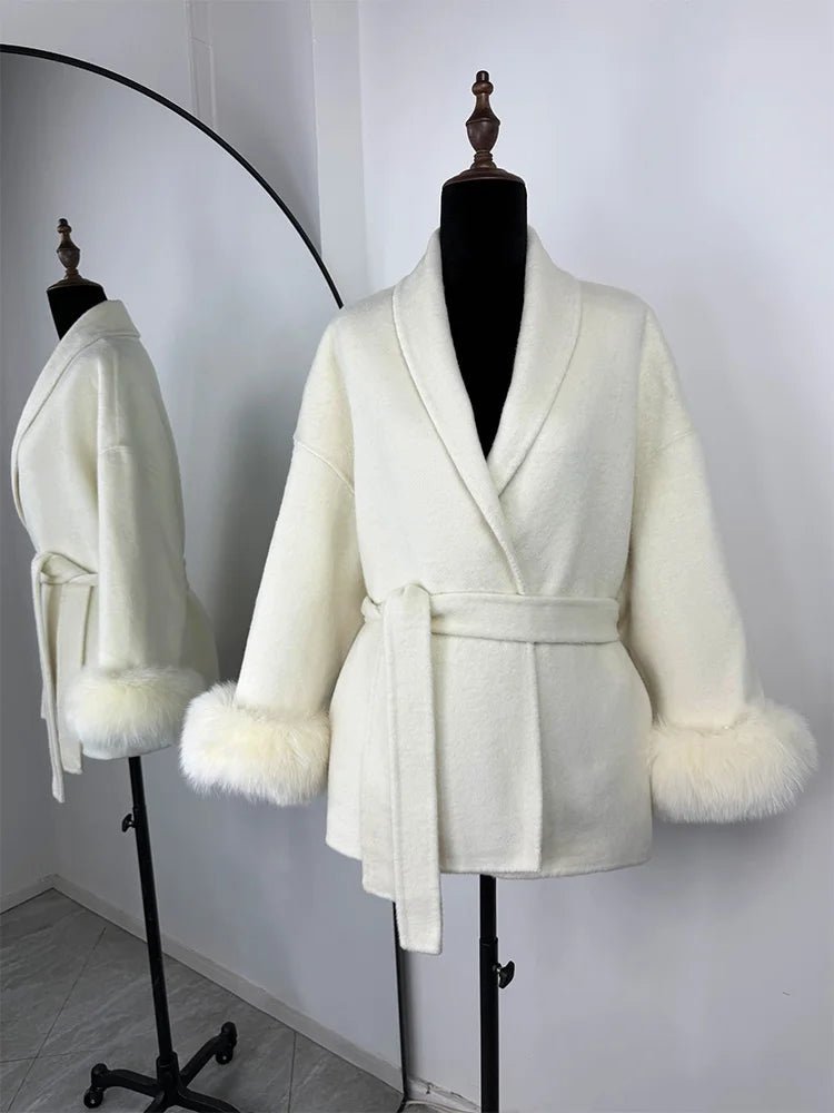Wool Wrap Coat with Fox Fur Cuff