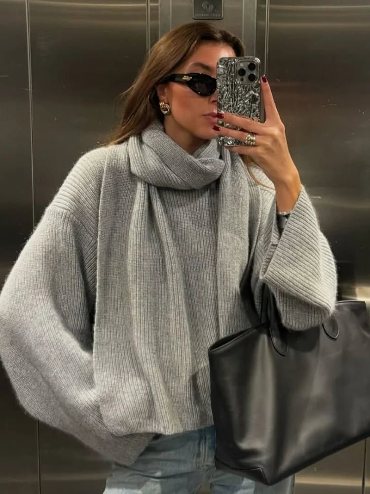 Xia Loose Knit Pullover with Scarf