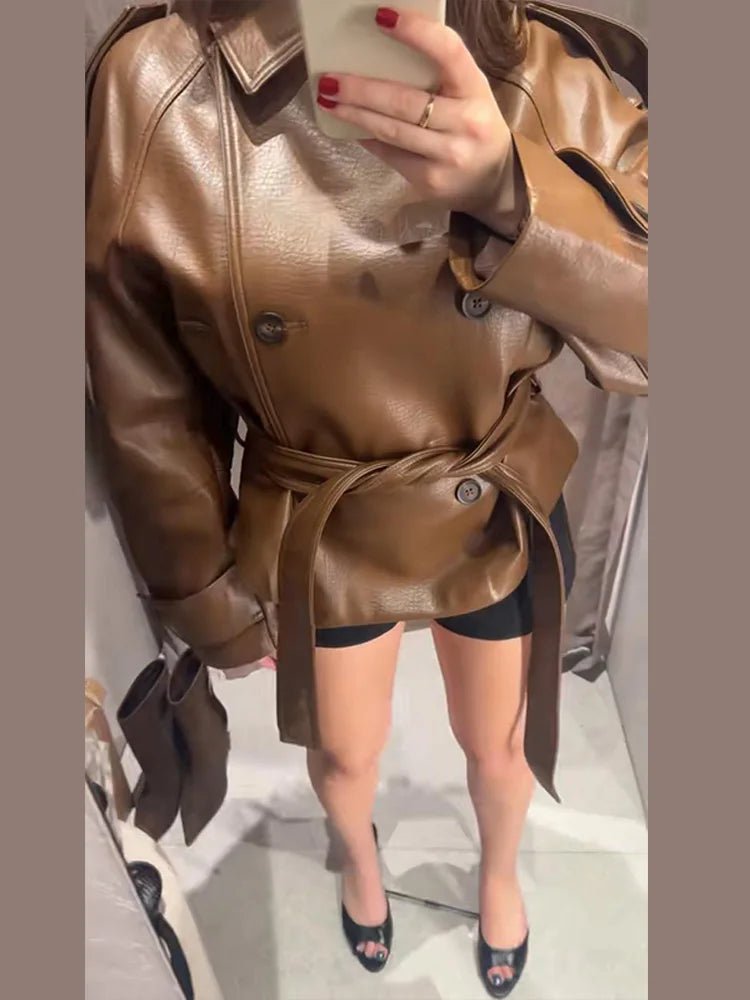 Xylia Belted Faux Leather Trench Coat