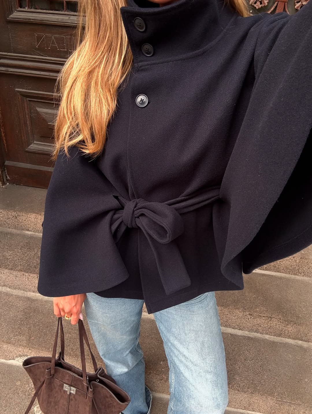 Arianne Elegant High-Neck Belted Cape Jacket