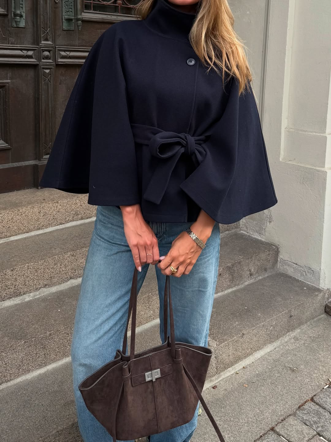 Arianne Elegant High-Neck Belted Cape Jacket