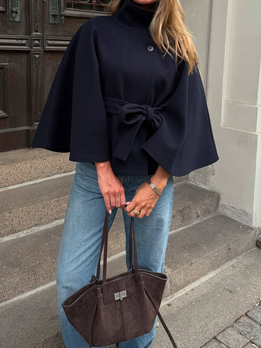 Arianne Elegant High-Neck Belted Cape Jacket