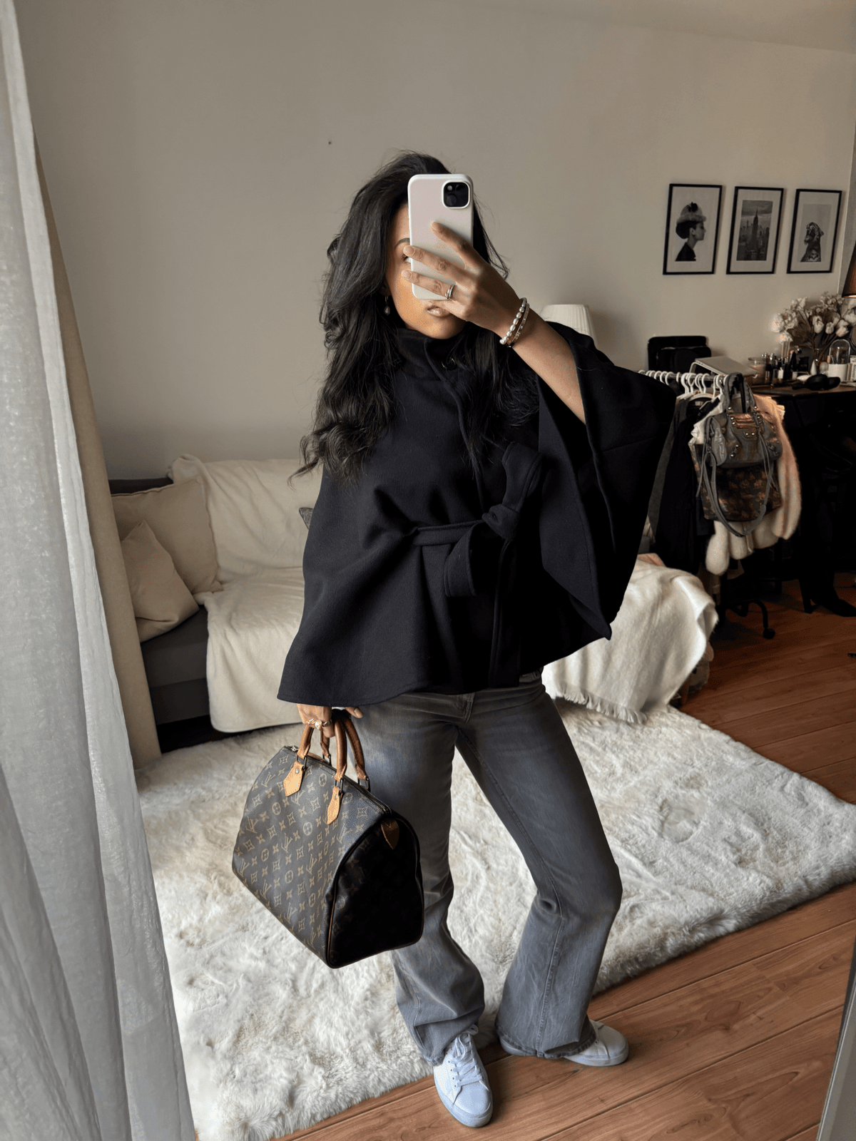 Arianne Elegant High-Neck Belted Cape Jacket