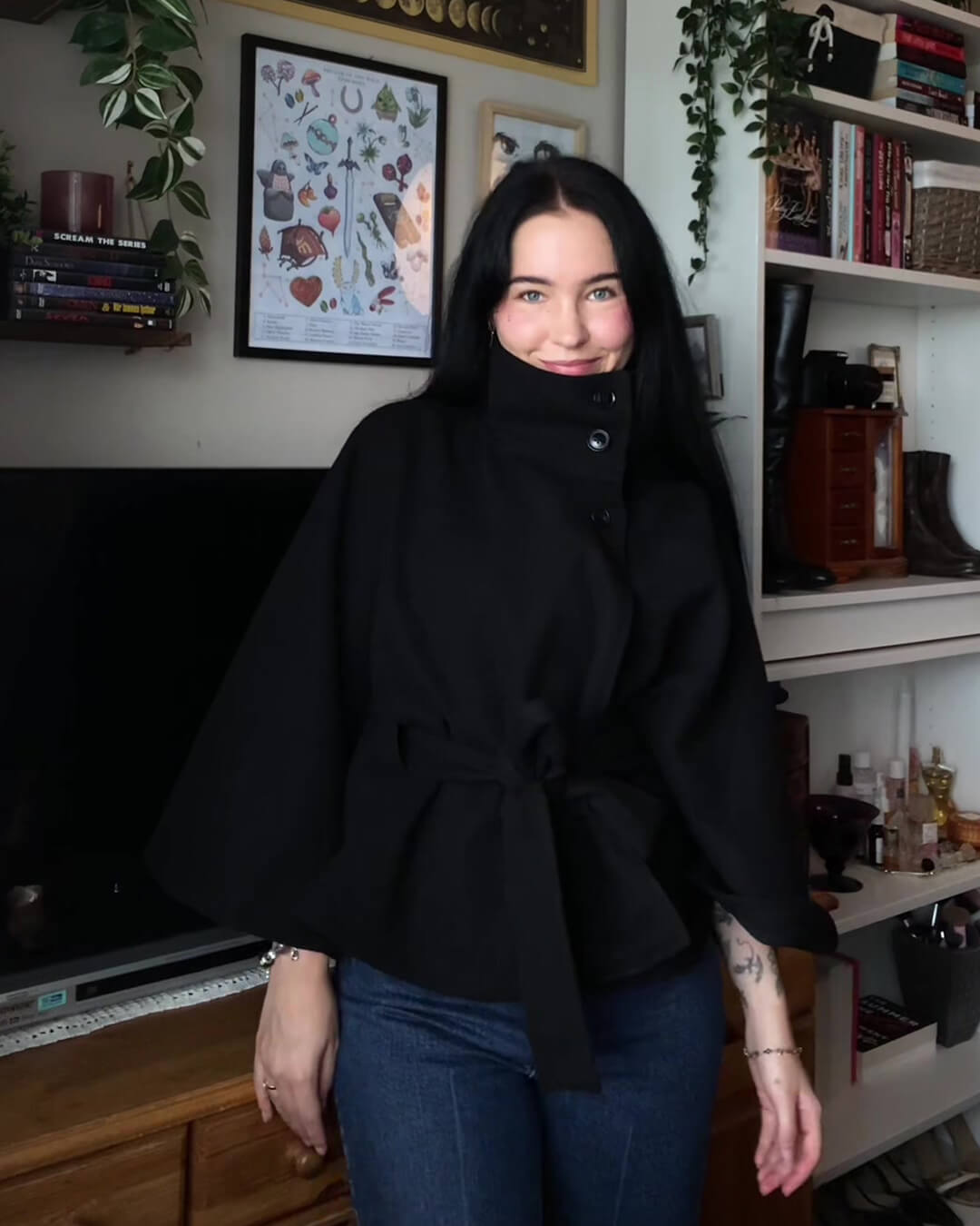Arianne Elegant High-Neck Belted Cape Jacket