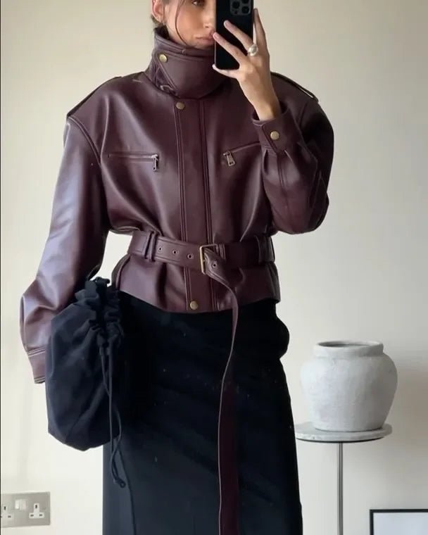 Jaqueline Belted Faux Leather Jacket