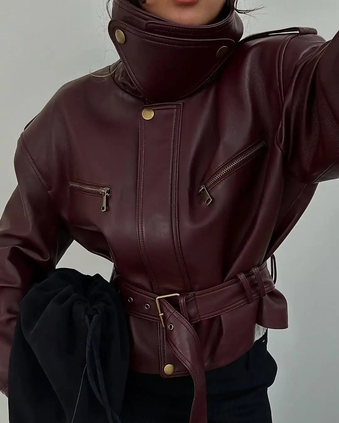 Jaqueline Belted Faux Leather Jacket