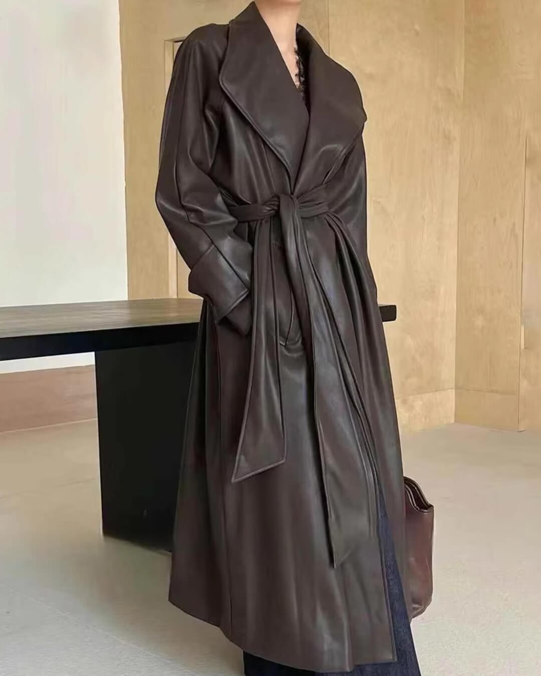Shiela Faux Leather Maxi Trench Coat