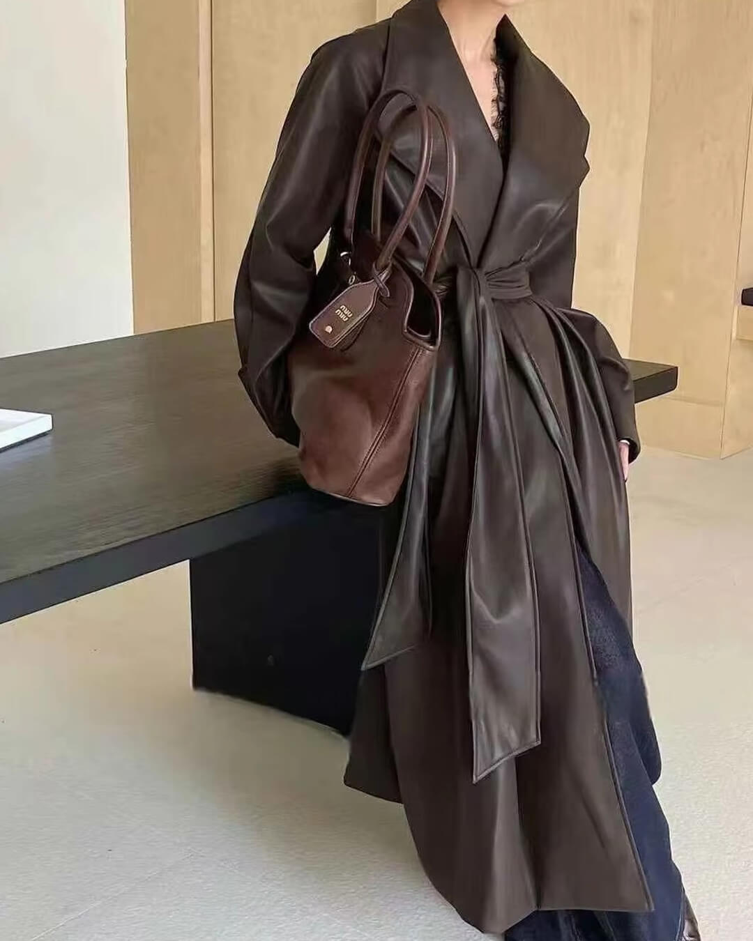 Shiela Faux Leather Maxi Trench Coat