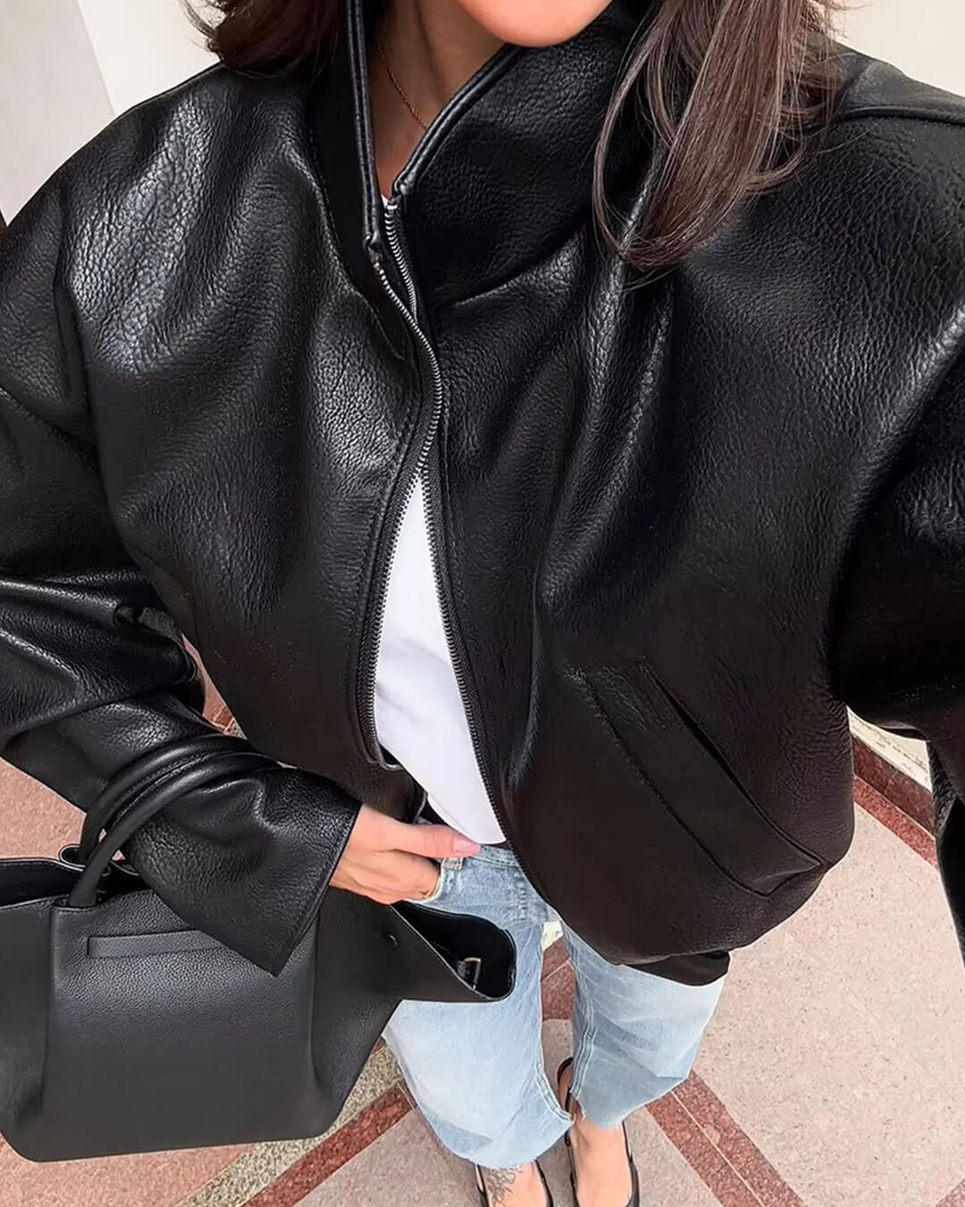 Zip Zip Up Leather Jacket