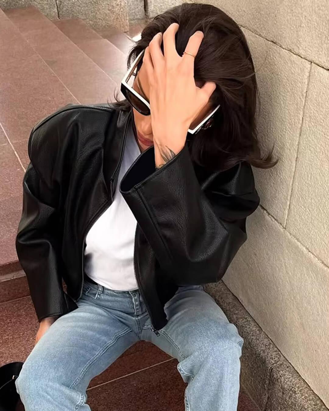 Zip Zip Up Leather Jacket