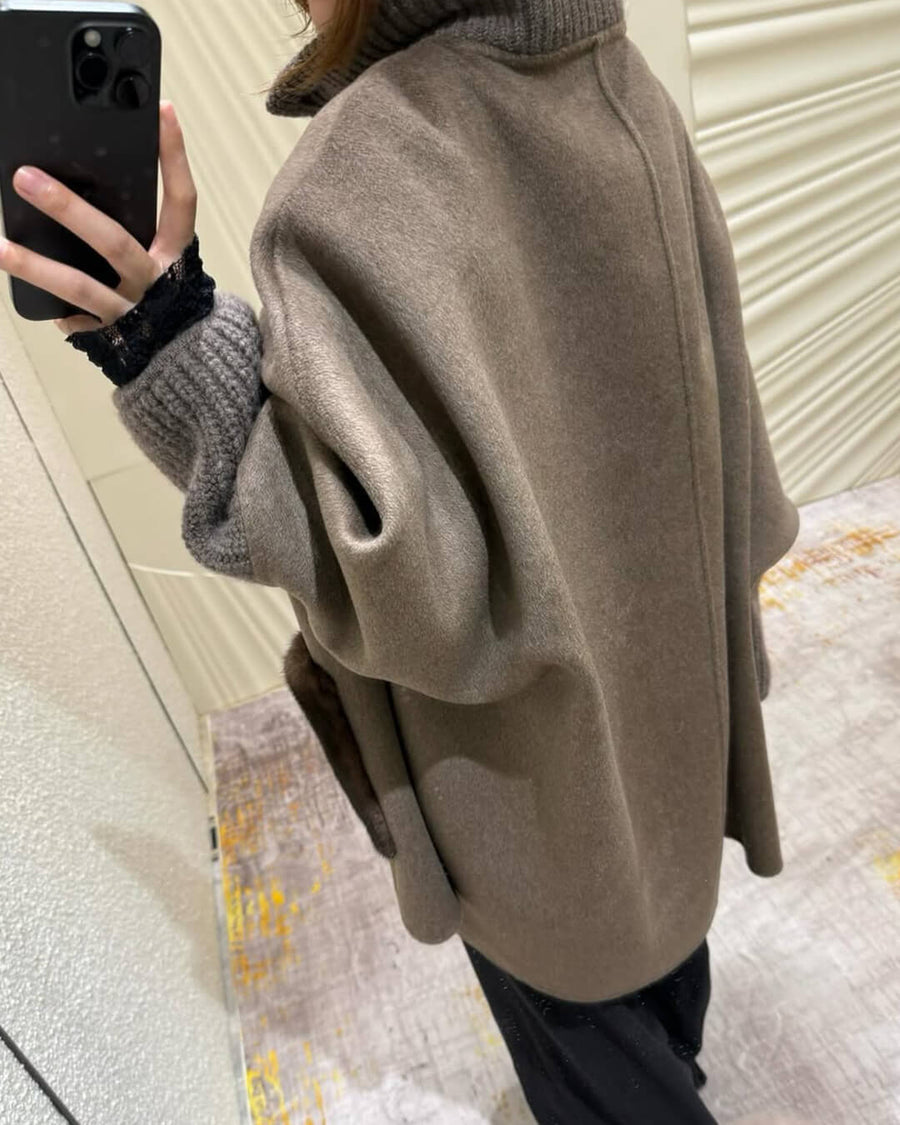 Terry Turtleneck Faux Fur Knit Coat