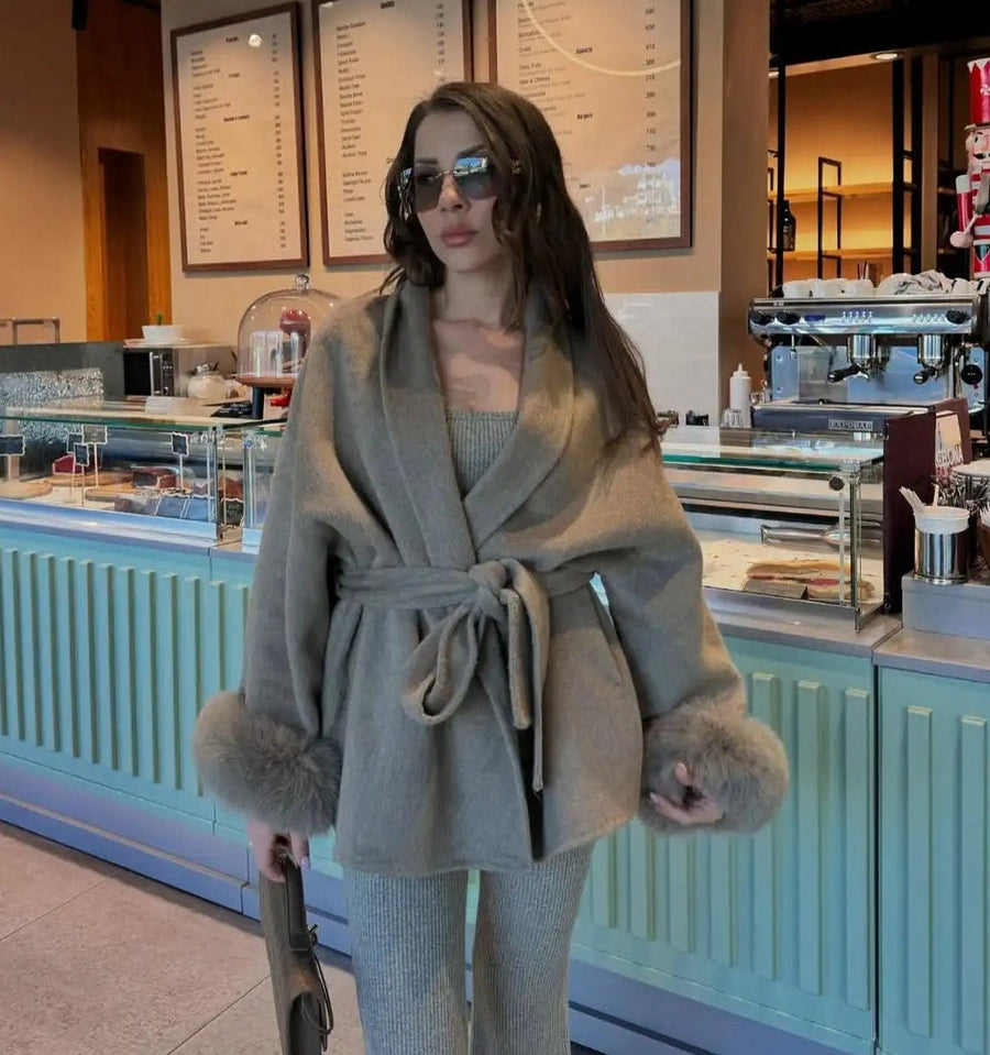 Wool Wrap Coat with Fox Fur Cuff