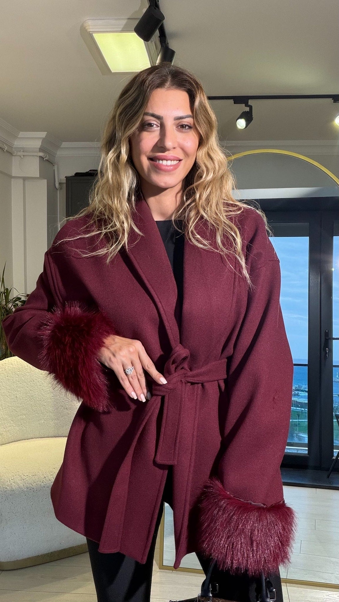 Wool Wrap Coat with Fox Fur Cuff