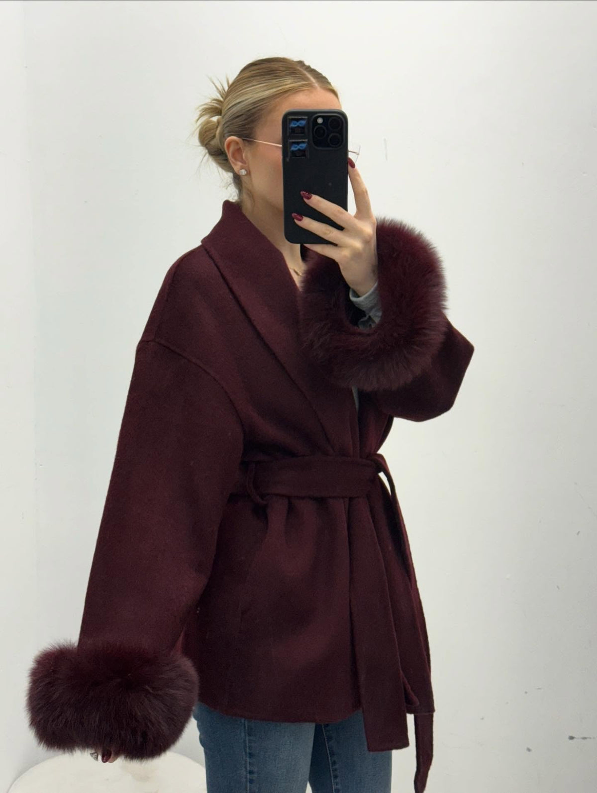 Wool Wrap Coat with Fox Fur Cuff