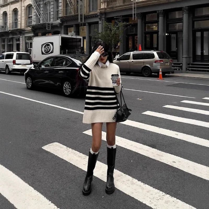 Flora Oversized Turtle Neck Striped Sweater
